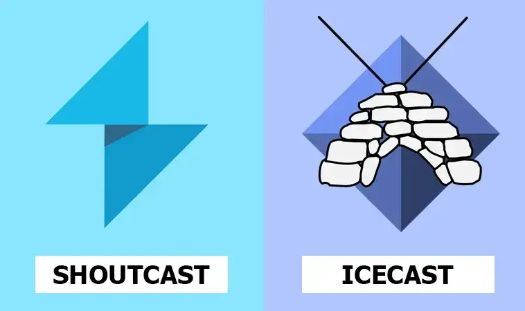 Shoutcast and Icecast logos—two internet-radio streaming services—showcasing distinct branding and hosting features