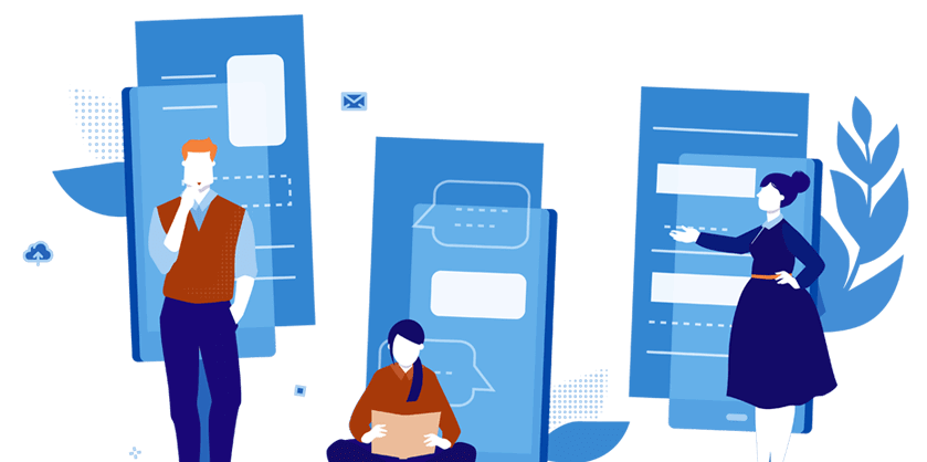 Illustration de trois personnes en conversation, dont deux se tiennent à côté de grands écrans d'interface de chat, mettant en avant la communication et l'interaction en ligne, en lien avec les services d'hébergement radio en ligne de CastHost.