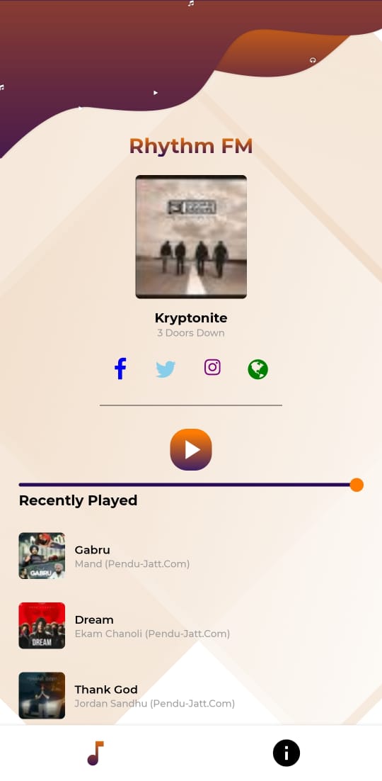 Interface de l'application mobile Rhythm FM affichant la chanson « Kryptonite » de 3 Doors Down, avec des icônes sociales et les titres récemment joués « Gabru », « Dream » et « Thank God ».