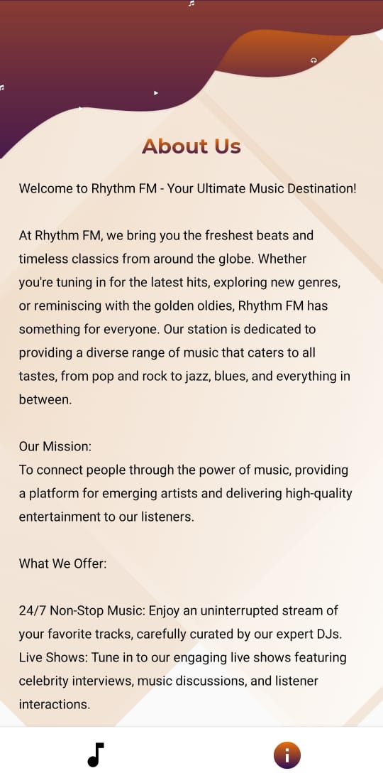 Logo Rhythm FM avec notes de musique et couleurs vives, représentant un service de streaming musical dédié à des genres variés et à une expérience auditeur engageante.