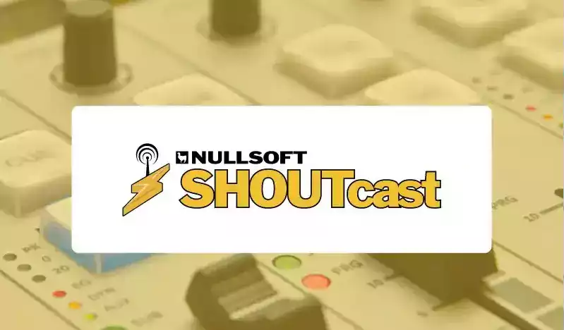 Nullsoft SHOUTcast logo over blurred audio-mixing console, representing internet-radio hosting and streaming capabilities